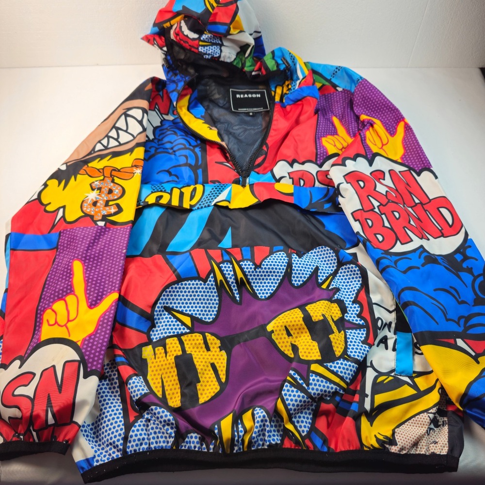 Reason NYC Comic Print Hooded Windbreaker Jacket Mesh Face Mask Size S